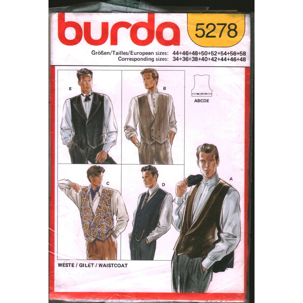 Burda 5278 Mens Waistcoat Gilet Vest Sewing Pattern Sz 34-48 Multi-Style Formal